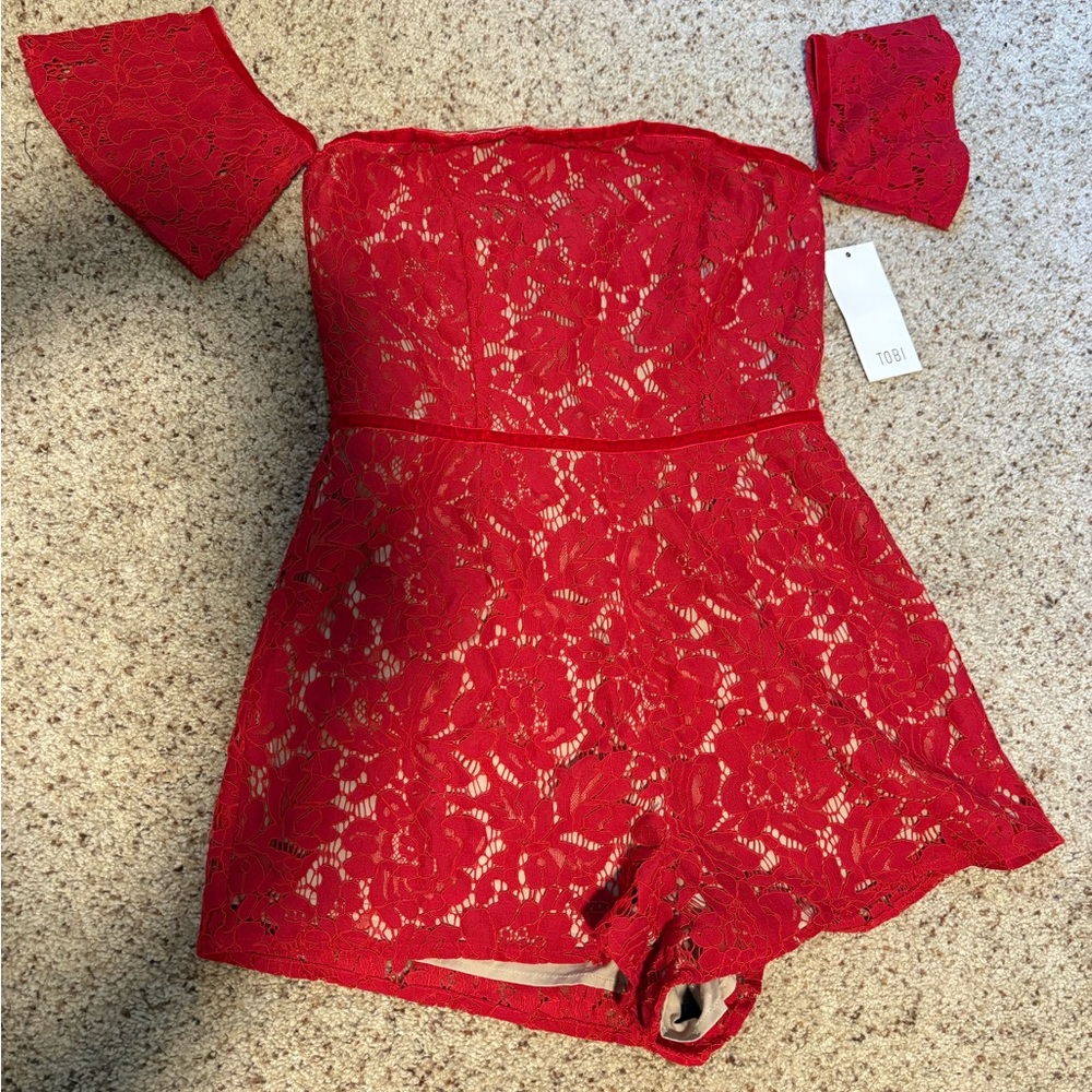 NWT Tobi Red Off-Shoulder Lace Romper Size Small - Picture 6 of 12